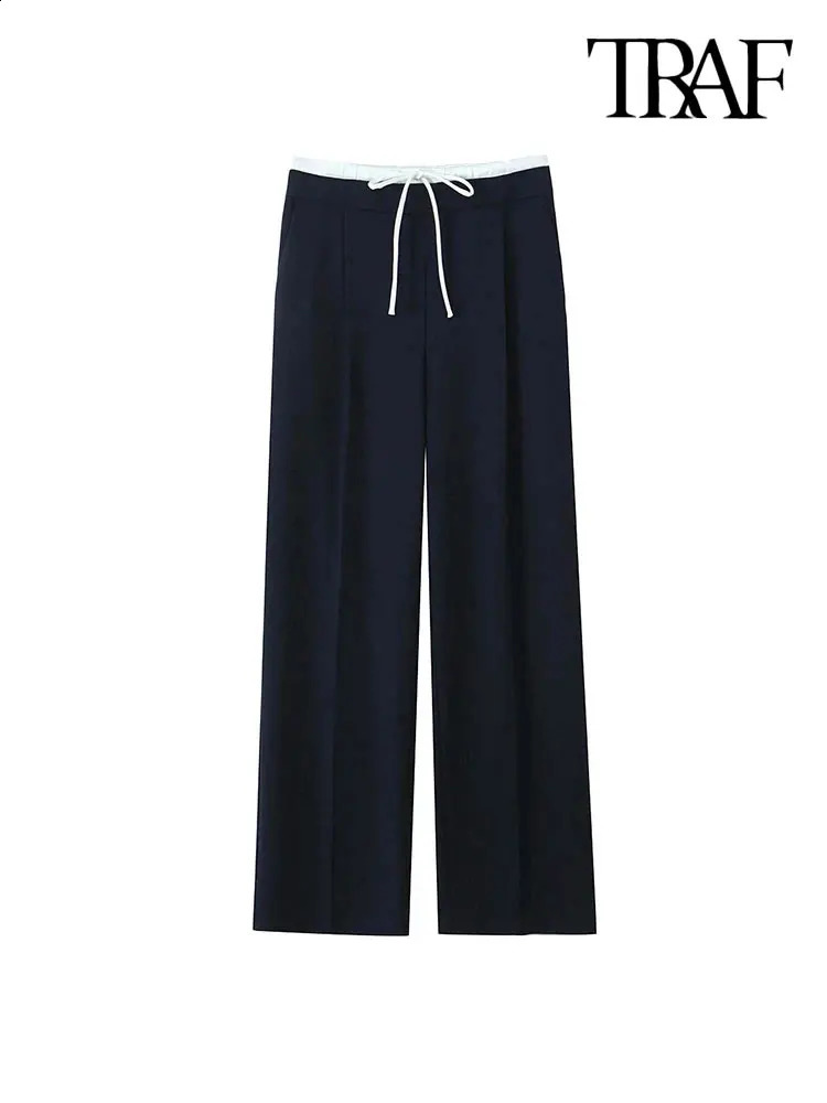 TRAFWomens Double Waistband Wide Leg Pants High Elastic Waist With Drawstring Side Pockets Female Trousers Chic Fashion 250120