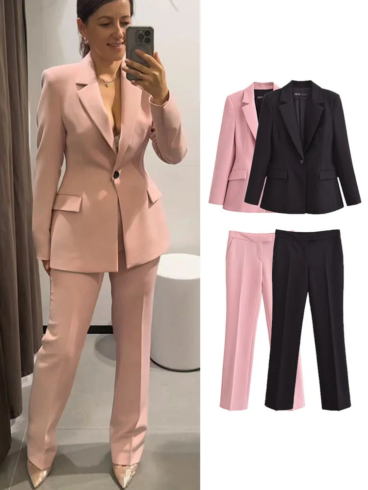 TRAF Office Lady Blazer Pant Set Fashion Long Sleevet Single Button Slim TopElegant Loose Zipper Flare Pants Outfits 250114Z