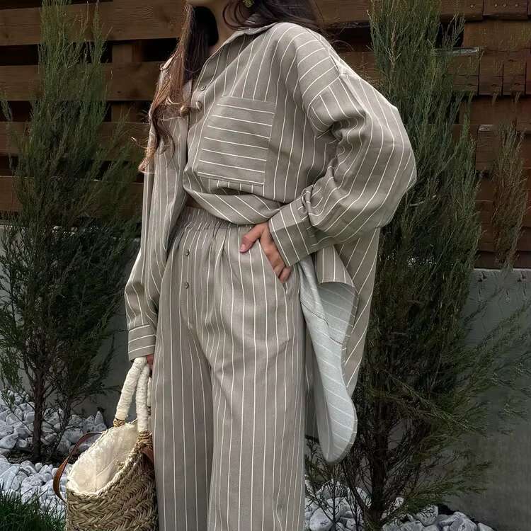 Classic Striped Loose Pants Sets Single Breasted Long Sleeve Blouse+Wide Leg Pant Casual Vintage Women's Trouser 2 Piece Set New