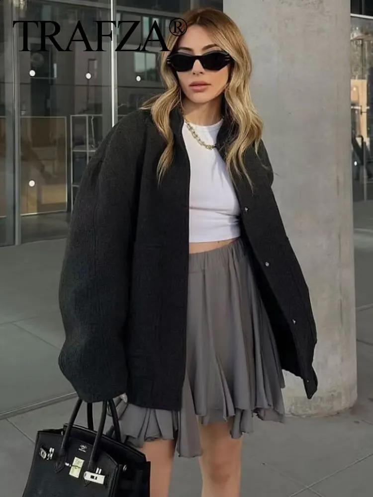 TRAFZA Women Solid Coat Long Sleeve Autumn Pocket Bomber Jacket Oversize Loose Streetwear Coats Button Casual Woman Outerwear 250114