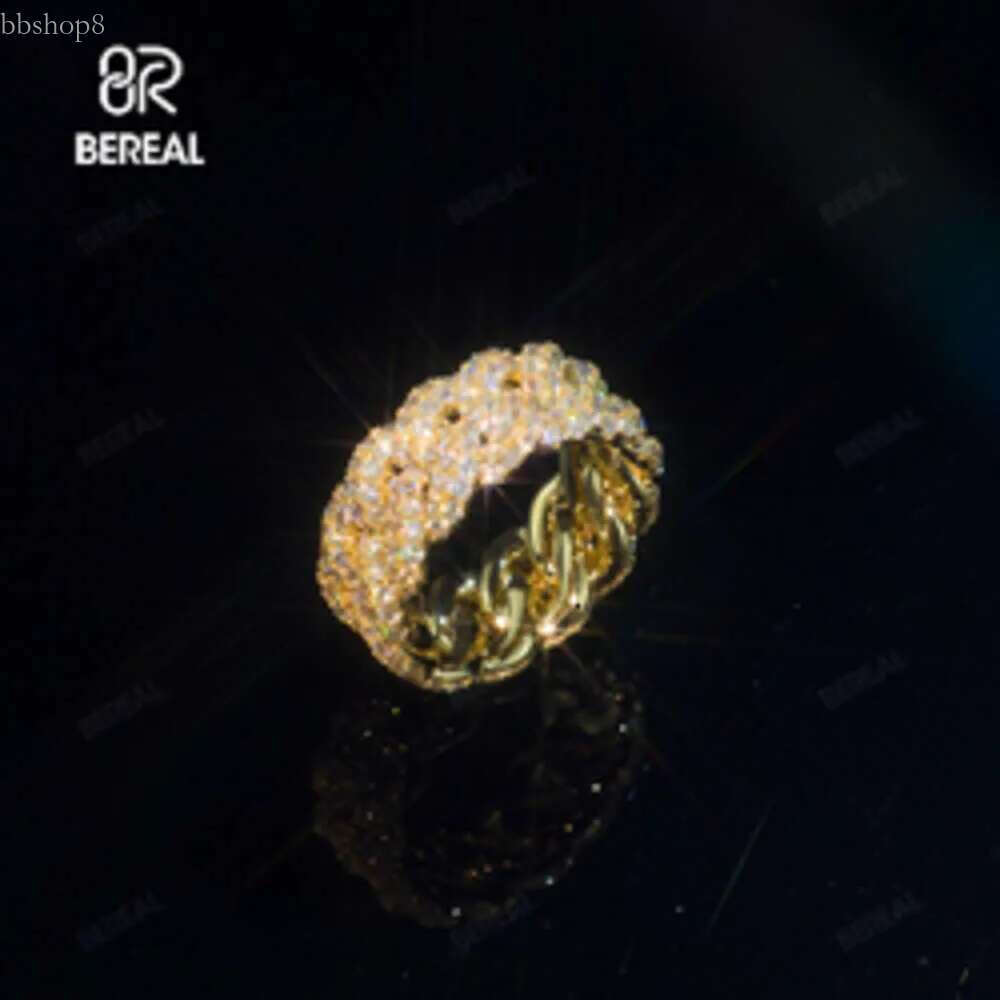 Pass Tester Cuban Chain Style 14K Solid Gold Moissanite Hip Hop Ring Iced Out Round Brilliant Cut Vvs Dia Band