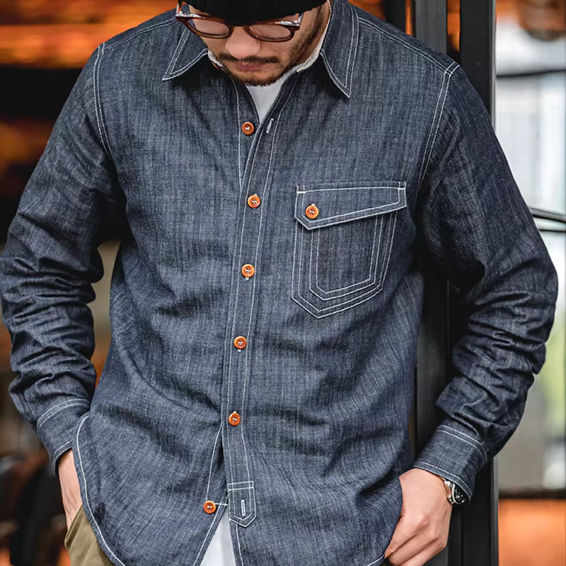 Maden Retro Thin Long-Sleeved Denim Shirts Single-Breasted Lapel Collar Design Cotton Men's Spring And Autumn Blouses
