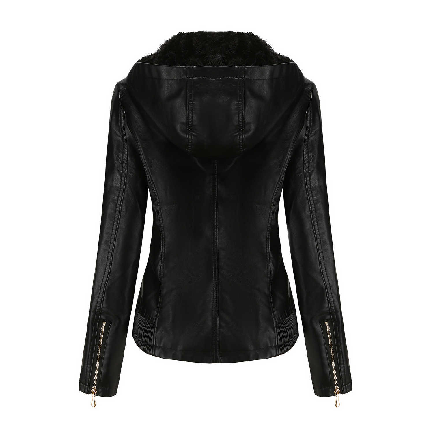 Hooded Leather Womens Detachable Hat Zipper Long Sleeve Plush Leather Jacket European Slim Fit Coat Womens Leather Womens Jacket 241209