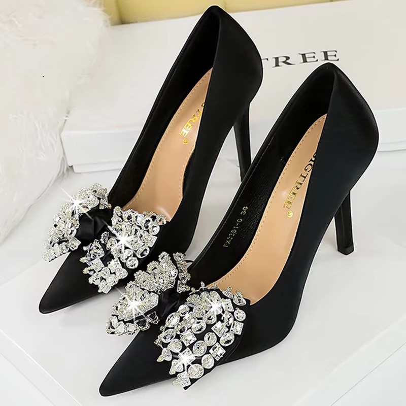 2025 Bow Knot Rhie Women Pumps Large Size 43 High Banquet Stilettos Sexy Party Shoes Design Lady Heels