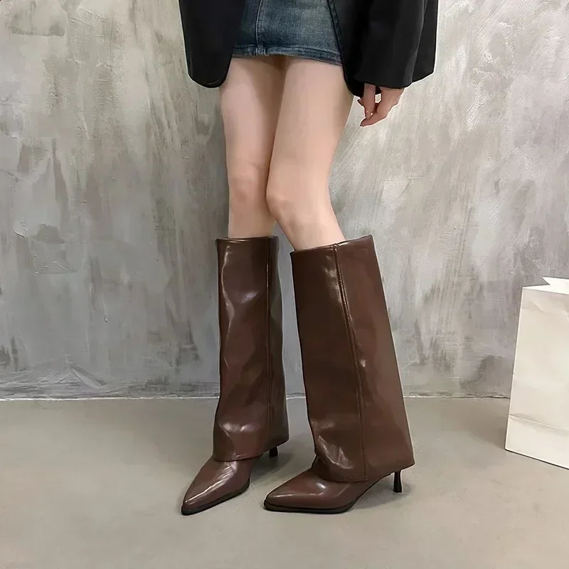 Womens Pointed Toe Knee-high Boots Stiletto Heel Sleeve High Heels Sexy Boots Women Fashion Spring and Autumn Style 250118
