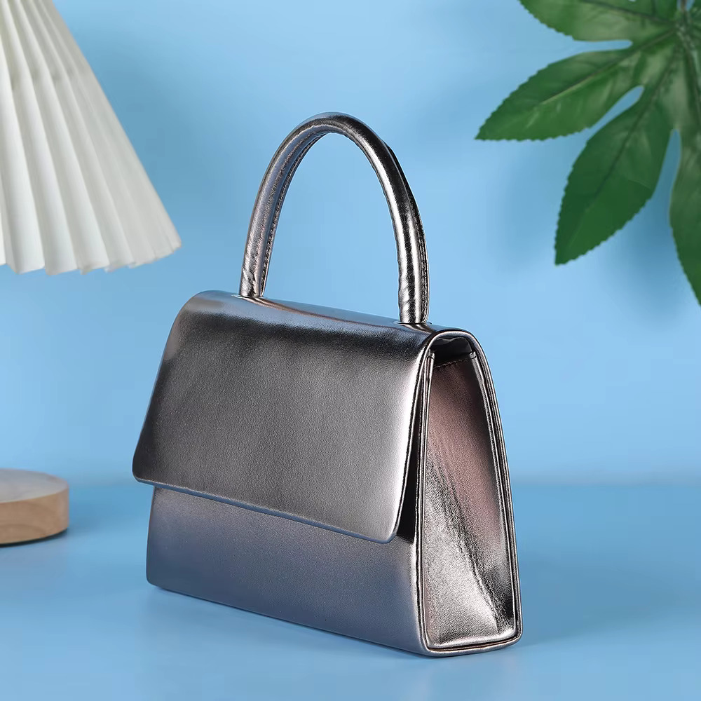 Gun Gray Leather Dinner Metal Chain Shoulder Banquet Party Travel Outing Tote Small Items Storage Bag