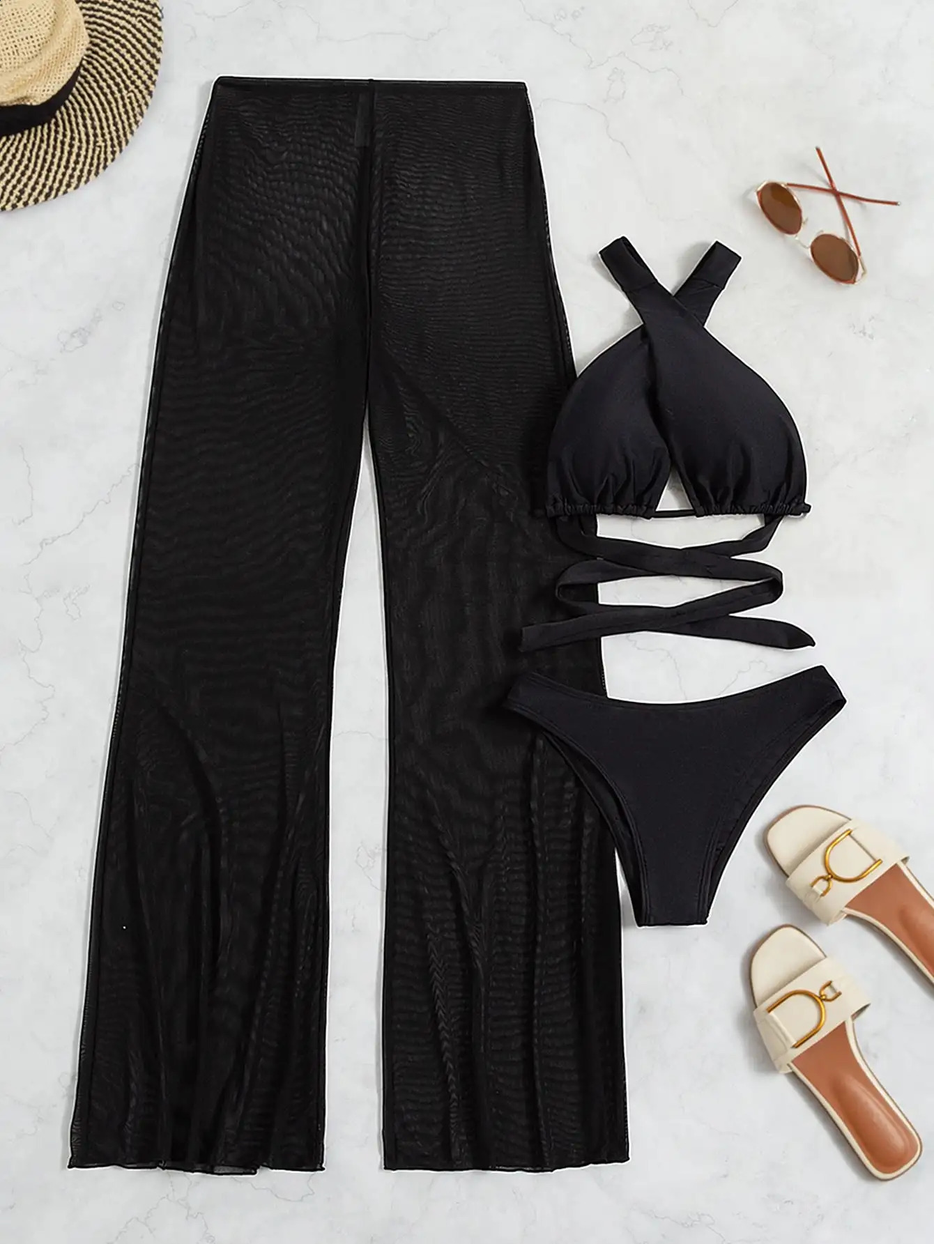 3 Pieces Plain Criss Cross Bikinis Swimsuit Pants Swimwear Women Bathers Bathing Swimming Suit Female Summer Beachwear 250122