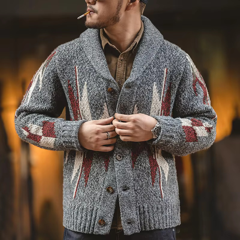 Maden Knitted Vintage Cardigan Men Sweater Indiana Thick Oversized Streetwear Geometric Trend V-Neck Christmas Knit Coats