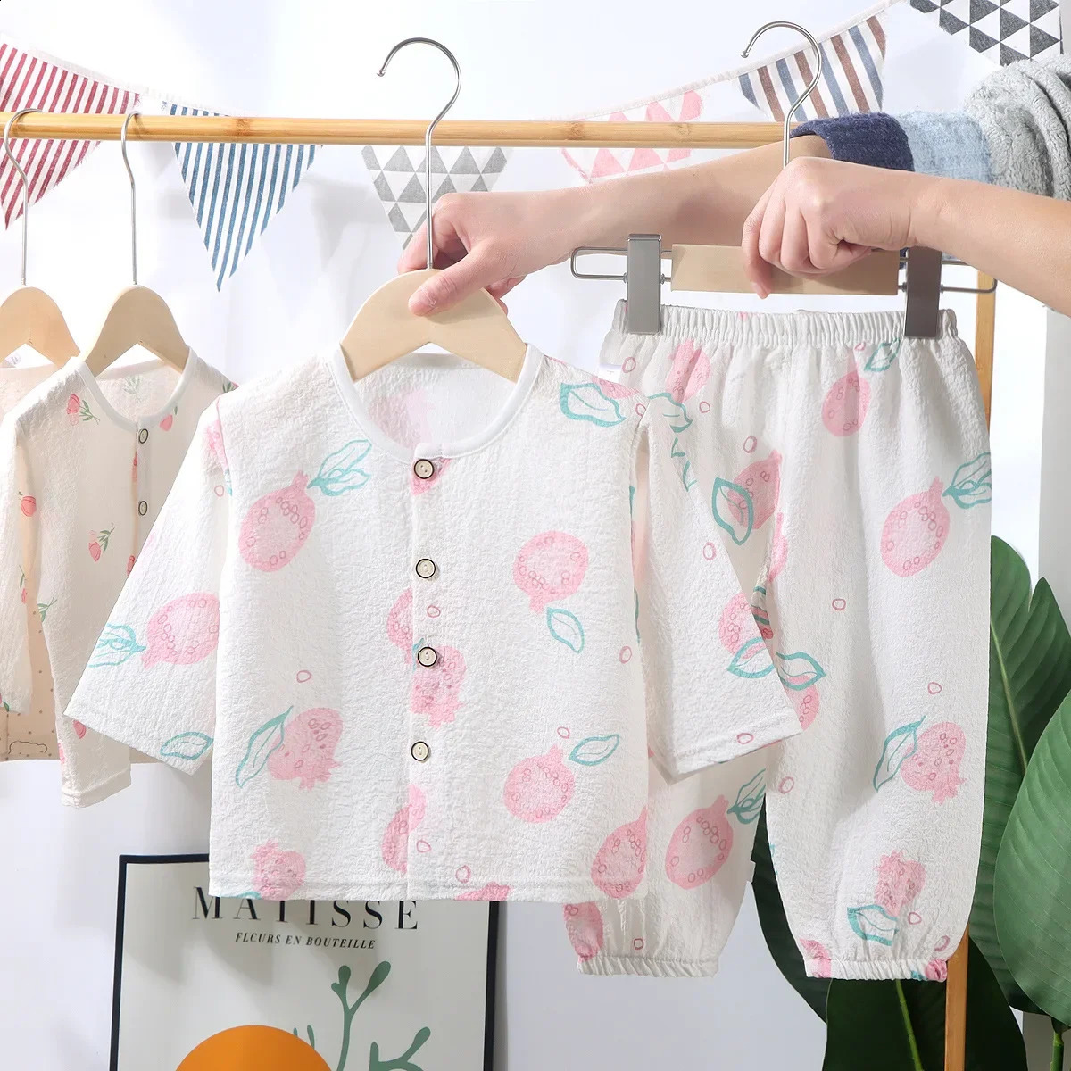 Kids Summer Thin Pajamas Sets Boys Girls Cartoon Long Sleeve Cotton Yarn Shirt Top Pants Toddler Baby Loungewear 250121