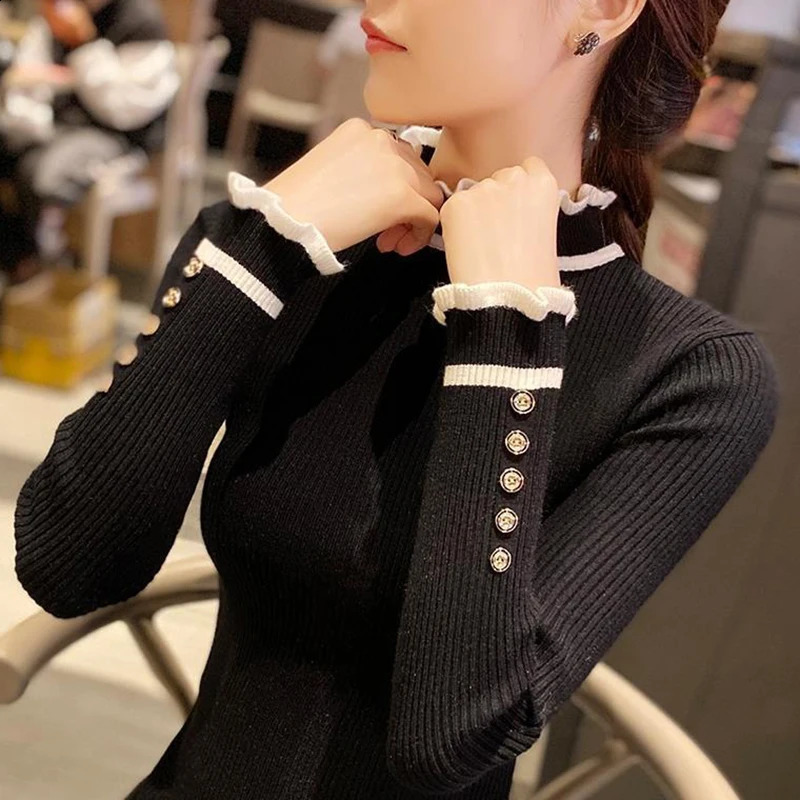 Solid Sweater Women Patchwork Knitted Pullovers Korean Slim Knitwear Autumn Winter Basic Half Turtleneck All Match Jumper Tops 250121