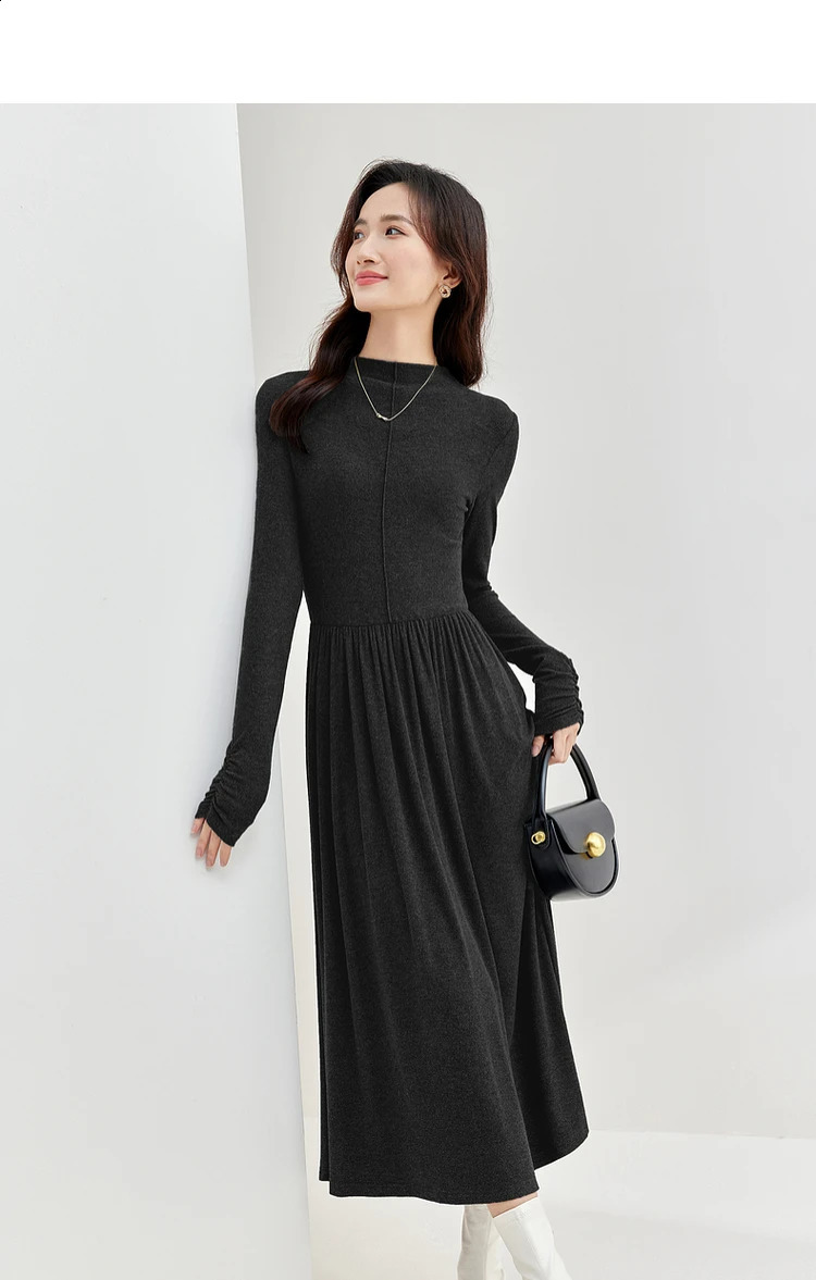 SENTUBILA Women Knitted Dresses Winter Knitwear Long Sleeve A-line Elegant Black Midi Dress Womans Clothes 144L58348 250122