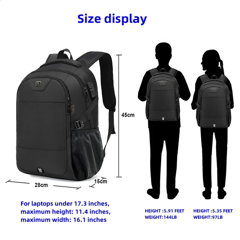 Backpack For Men And Women Fashionable Black Large Capacity Anti-theft Waterproof And Durable Laptop Bag USB Charging Port 250122