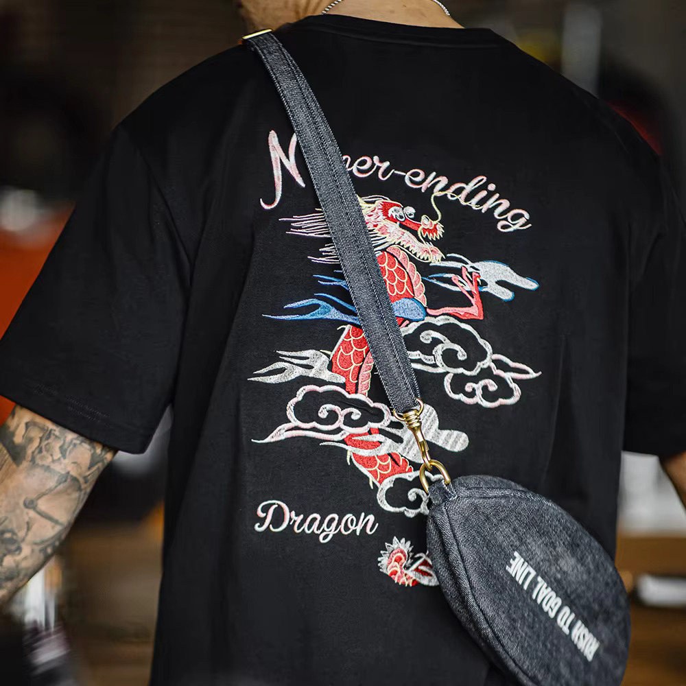 Maden Retro Heavy Industry Embroidered T-Shirt 270G/M² Cotton Short-Sleeved Black Tee For Men's Summer Crew Neck Tops