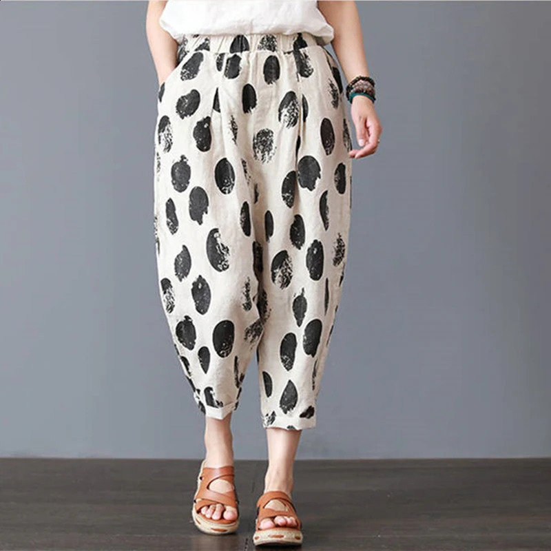 Cotton and Linen Pants for Women Summer Printing Harem Female Mother Loose Retro Fashion Womens Ankle Length 250122