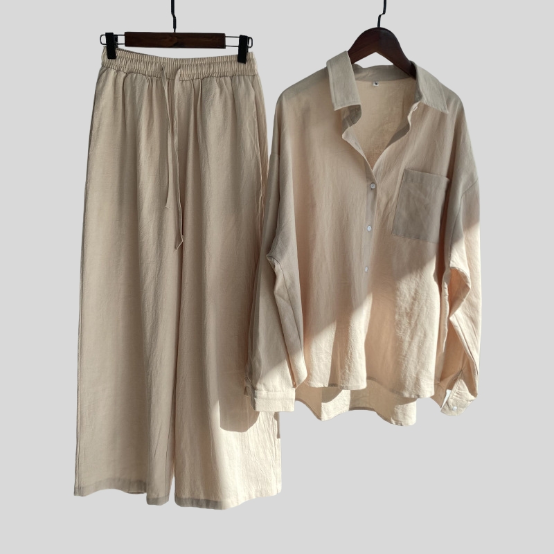 New best-selling 2-piece set retro plus size cotton and linen shirt set, high waist loose trousers