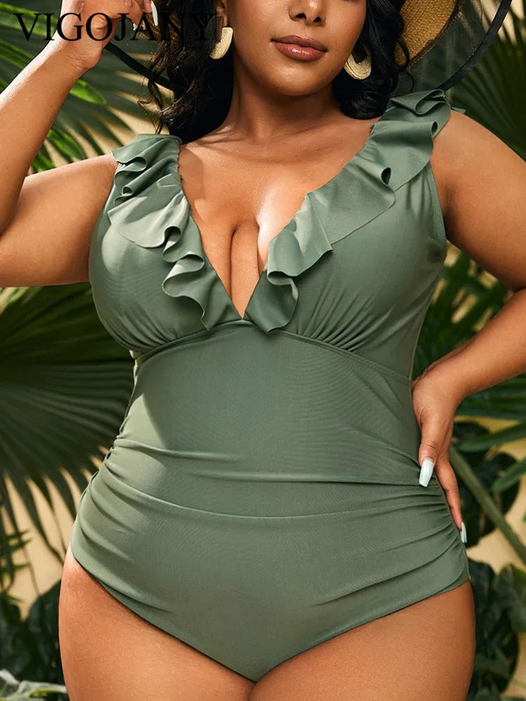 VigoJany Verge Strapped Plus Size Swimwear Women V Neck Beach One Piece Swimsuit Backless Summer Big Bathing Suit Beachwear 250109