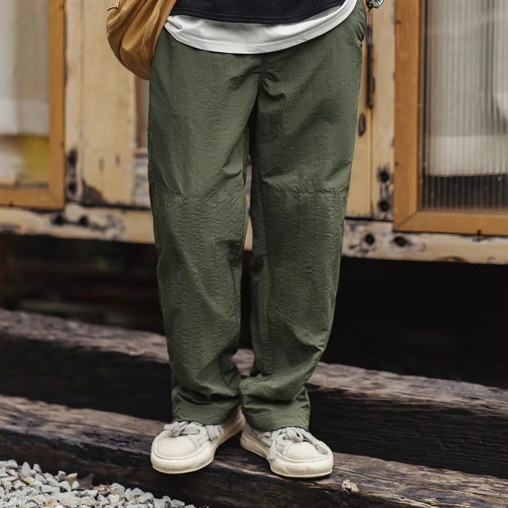 Maden Retro Thin With No Waist And Braided Hemp Rope Elastic Leg Design Green Straight Casual Pants For Men