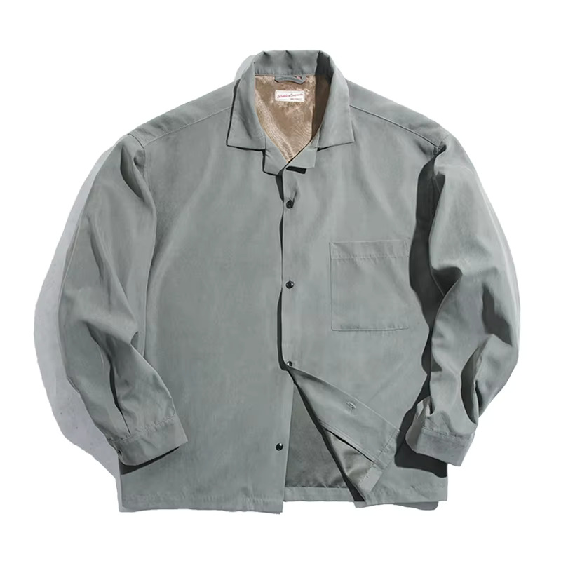 Maden Workwear French Vintage Long Sleeve Cuban Collar Thin Naples Shirt Peach Skin Fleece Men's Autumn