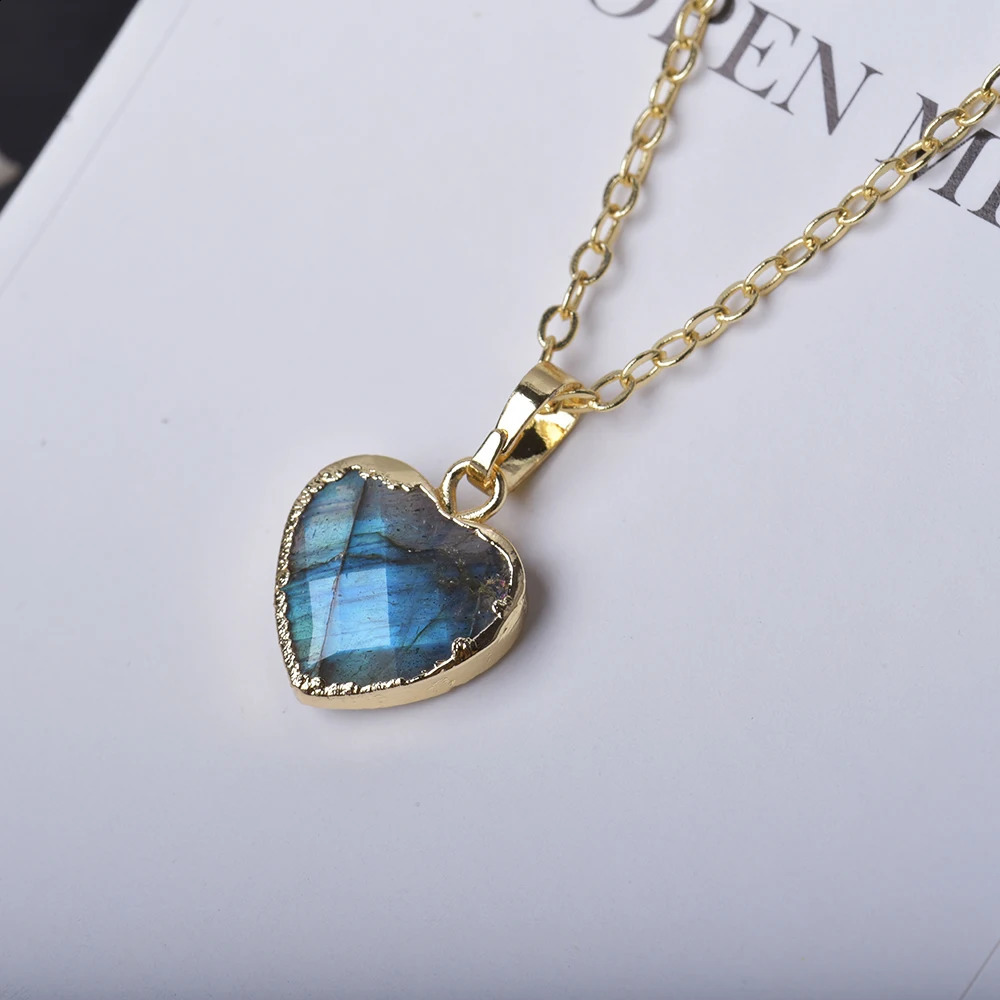 ITSMOS 14K-Gold Plated Heart Natural Labradorite Pendant Necklace Simple Blue Light Love Jewelry Necklace for Women Gift 250117