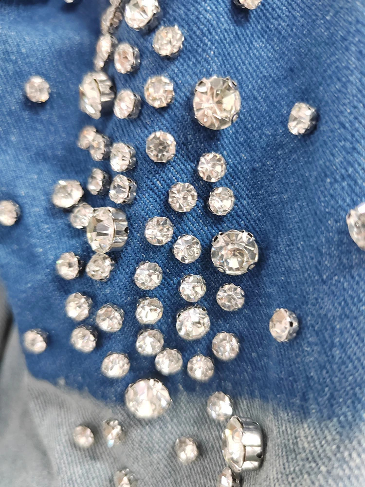 DEAT Fashion Denim Coat Women Lapel Irregular Rhinestone Decorate Single Breasted Patchwork Loose Jakcets Spring 2025 7AB878 250116
