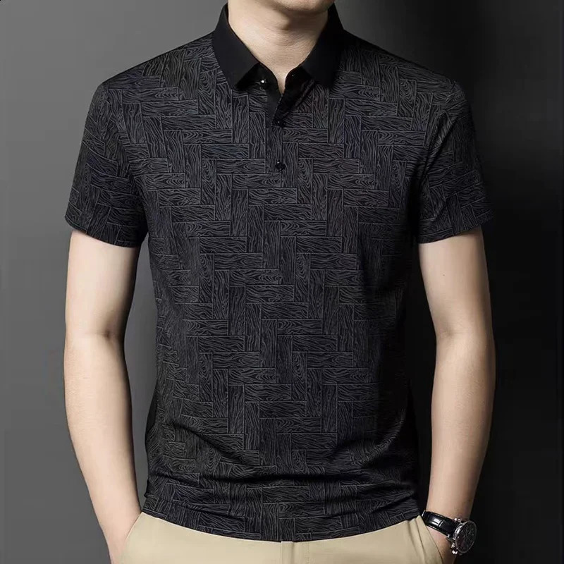Summer Fashion Smart Casual Versatile Quick Drying Short Sleeve Polo Shirt Mens Lapel Button Patchwork Print Loose Thin Top 250118