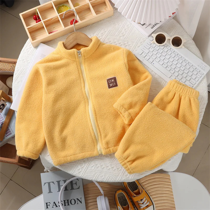 Plush Sets Children Autumn Winter Warm Fleece Suits Baby Thickened Cardigan TopPants 2Pcs Outfits Boys Girls Homewear Clothing 250113