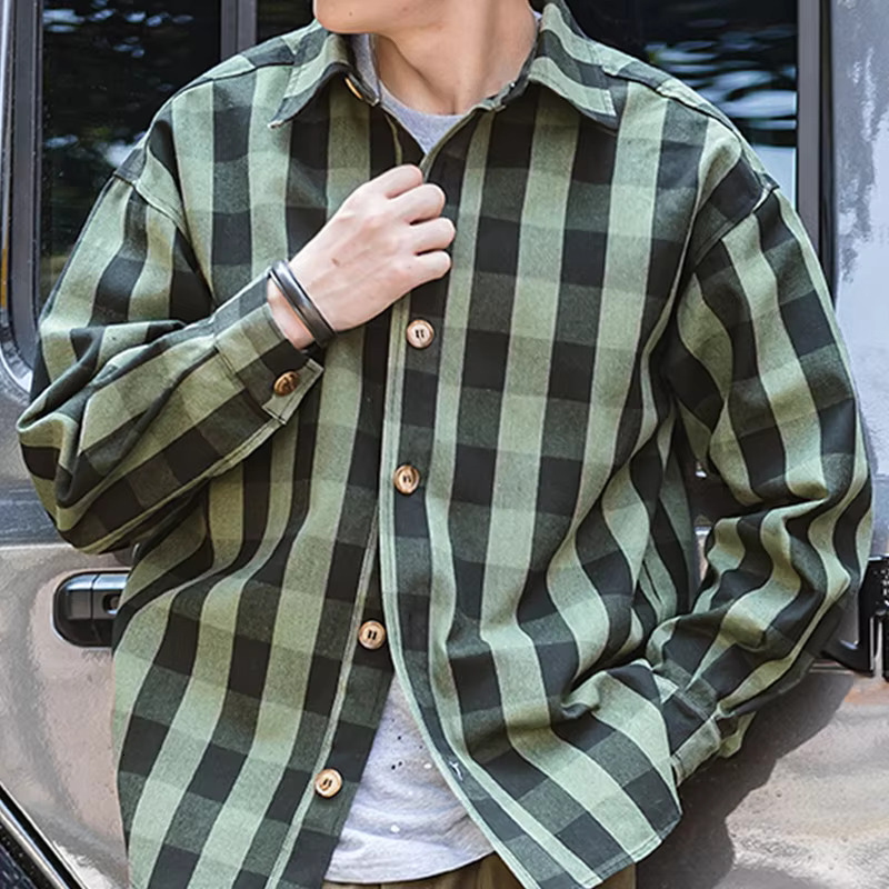 Maden Haruku Plaid Men's Shirts Retro 360G Heavy High Quality Casual Single Breasted Loose Long-Sleeved Turn-Down Collar Shirt