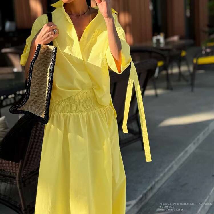 Solid Pocket Blouse Two-Piece Set Women Single Breasted Short Sleeve Blouse+Elastic Waist Long Elegant Casual Skirts Sets