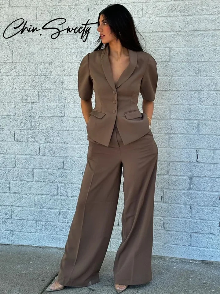 Vintage Blazer Pants Sets Women Urban Puff Half Sleeve Coat Pleated Wide Leg Trousers Spring Summer Office Lady Suit 250122