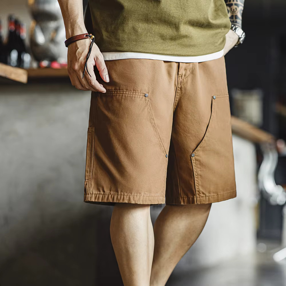 Maden Retro Logging Shorts With Elastic Waist Buttoned Cotton Straight Loose Solid Color Five-Quarter Pants For Men's Summer