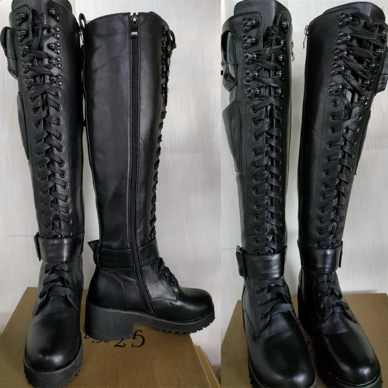 Knee High Boots Women Cool Goth Zipper Design Pocket Lace Up Chunky Heel Quality Shoes Woman Fashion Popualr Big Size 48 250117