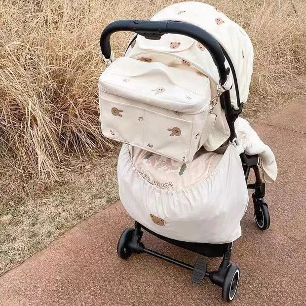 Korean Baby Diaper Bag Canvas Bear Embroidered Insulation Baby Stroller Storage Bag Organizer Mommy Milk Insulation Ice Bag 250118