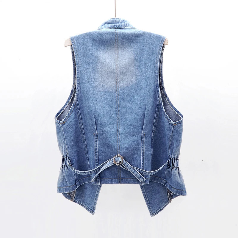 Vintage Blue Rivet Stand Collar Denim Vest Women Slim Short Cowboy Waistcoat Summer Korean Sleeveless Jeans Jacket Coat Female 250122
