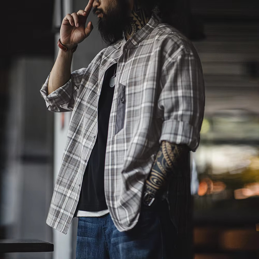 Maden Retro Stand Collar Plaid With Blended Material Casual Long-Sleeved Single-Breasted Shirt For Men's Spring And Autumn