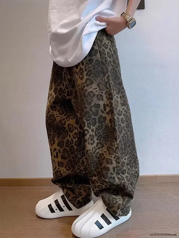 Spring Leopard Jeans Men Denim Pants Male Oversize Wide Leg Trousers Streetwear Hip Hop Vintage Clothes Loose Casual 250120