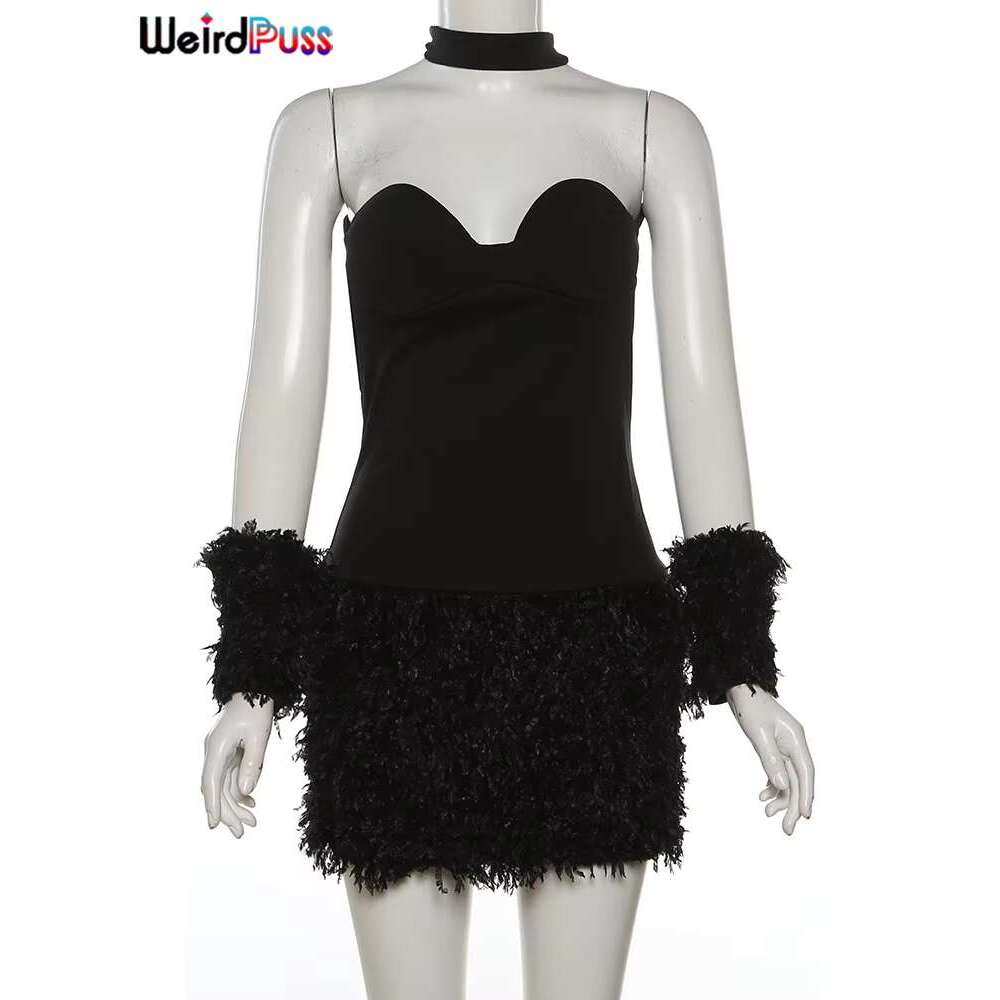 Women's Wear Dress Weird Puss Dress Women Backless Elegant Bracelets Fluff Patchwork Bodycon Birthday Midnight Sexy Party Trend Clubwear