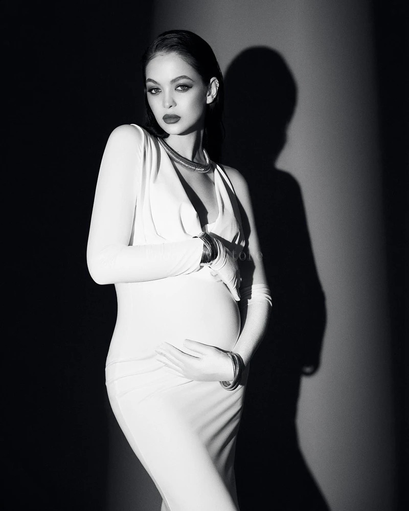 Maternity Fashionable and Sexy Vneck Bodycon Dress with One Shoulder Pure Color Stylish n Gloves for Pography Parties 250114