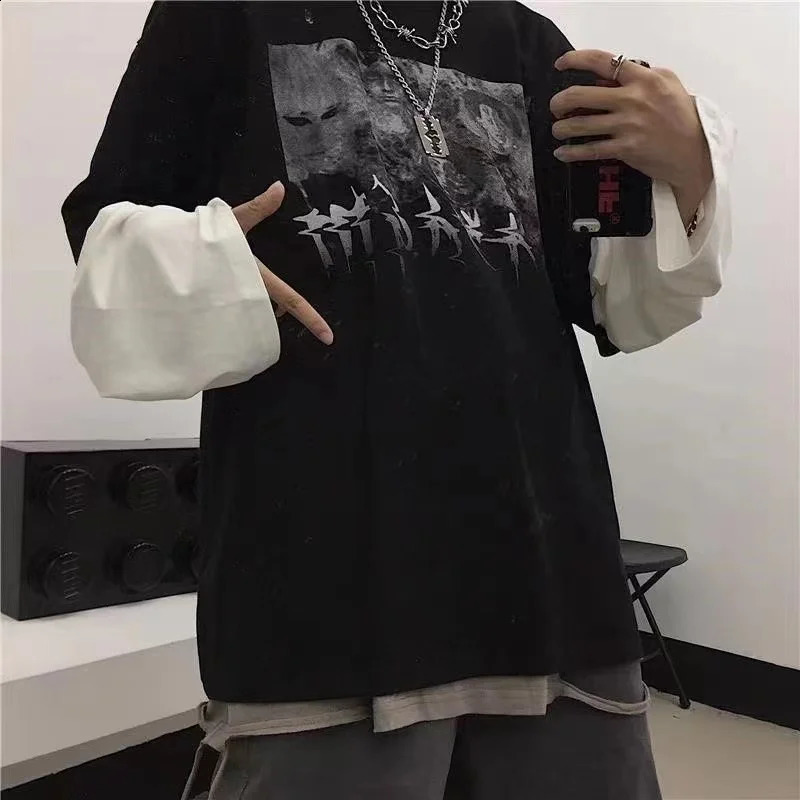 Y2K Emo Men Summer Oversized T-Shirt Korean Harajuku Tshirt Streetwear Dark Academia Hip Hop Alt Long Sleeved T Shirts Clothes 250117