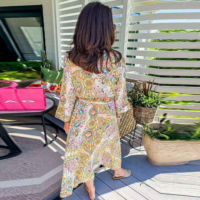 Boho Maxi Flare Sleeve Printing Dress 100% Viscose Ral Holiday Dresses Mujer Vestidos Loose Vacation Robes
