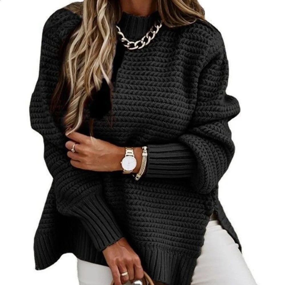 Women Turtleneck Long Lantern Sleeve Side Split Knitted Pullover Sweater Tops PYMYMY188 250109