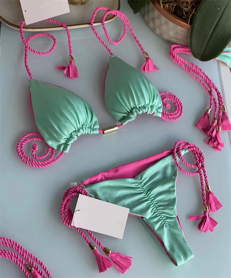 Braided Rope Multicolor Woman Bikini Strap Triangle Brazilian Ladies Sexy Swimsuits Summer Bathing Suits Vacation Swimwear 250118