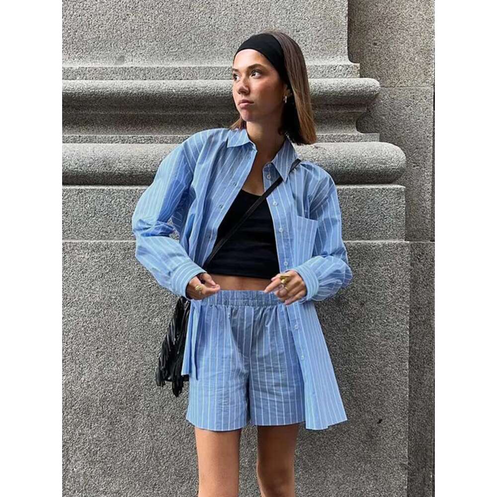 Blue Pocket Striped Shorts Sets Women Single Breasted Long Sleeve Blouse+Elastic Waist Casual Short Pant 2 Piece Set 2025 Spring