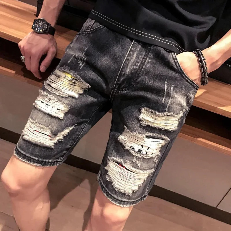 Male Denim Shorts Ripped with Text Mens Short Jeans Pants Multi Color Sale Retro Streetwear Stretch Jorts Vintage Xl Harajuku 250113