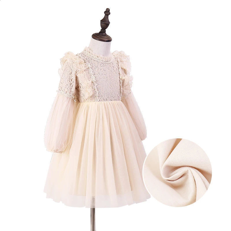 Spring Autumn Kids Girls Dresses Lantern Sleeve Lace Princess Dress Pearl Sweet Oneck Mesh Party Childrens Clothing Vestidos 250117