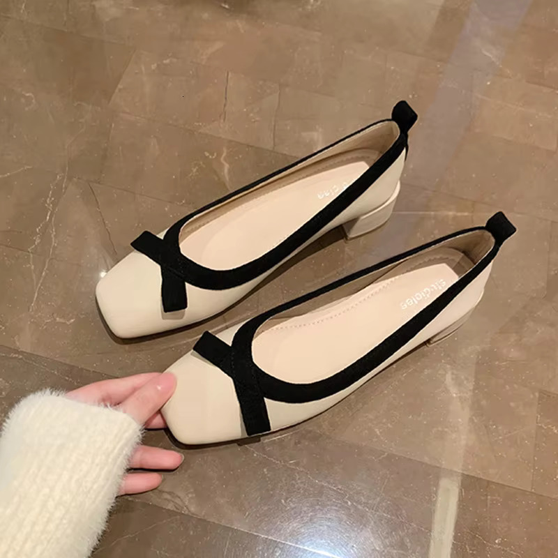 Ck & Leather Patchwork Pumps Women Elegant Work Shoes Bowtie Thick Heel Atos De Tacon Mujer 34-43 Plus Size Mules 2023
