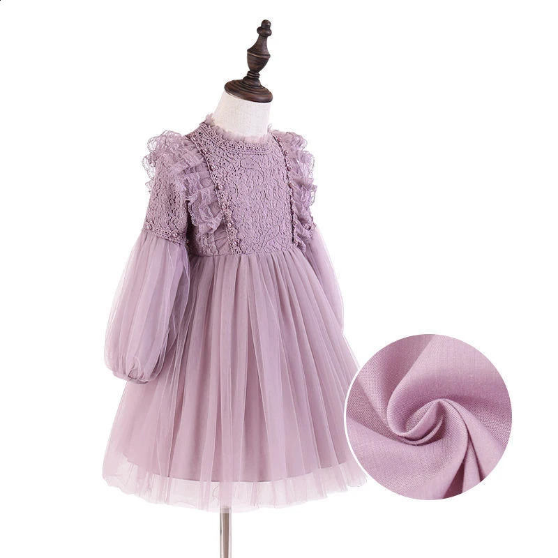 Spring Autumn Kids Girls Dresses Lantern Sleeve Lace Princess Dress Pearl Sweet Oneck Mesh Party Childrens Clothing Vestidos 250117