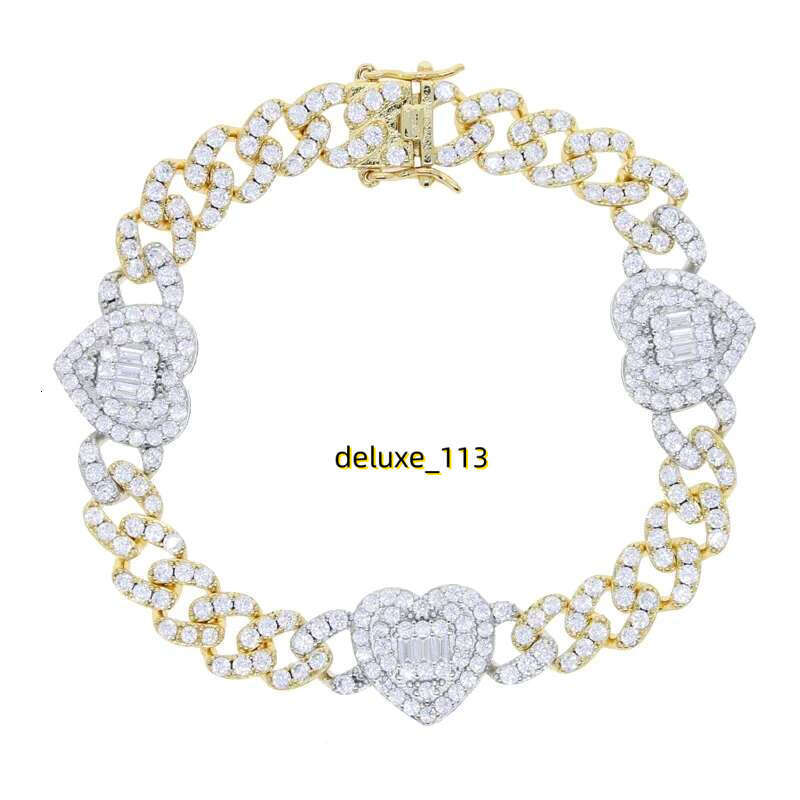 Iced Out Cubic Moissanite Heart Charm Bracelet Cuban Chain Gold Sier Color for Women Men Wedding Hip Hop Fashion Jewelry