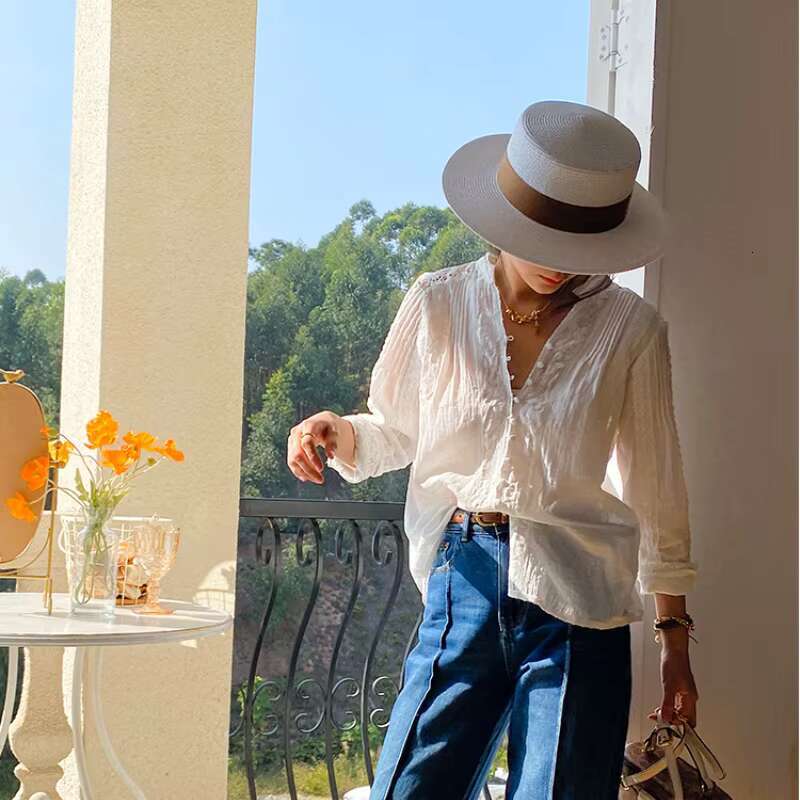 Women's New Bohemian White Solid Color Lace Free Casual Loose Cotton Shirt Top Boho Cute Blouses Chic Shirts
