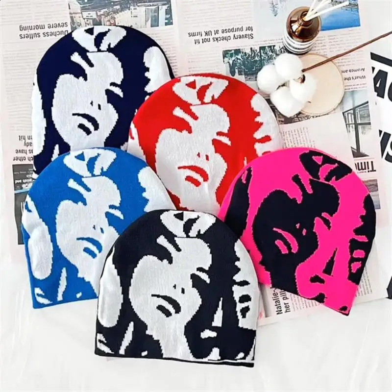 Autumn and winter Ins portrait pattern Y2K knitted Beanies personalized hip-hop casual section outdoor hat 250109
