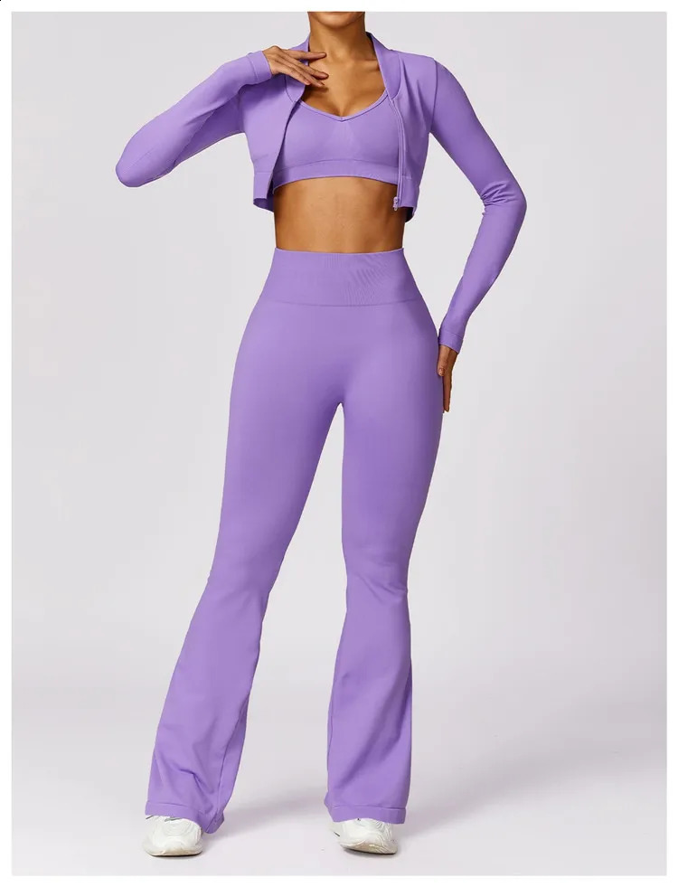 3 Pieces Fitness Yoga Set Women Solid Color Stretch Athletic Suit Sexy Bra Zipper Jacket High Waist Leggings Female Sportswear 250122